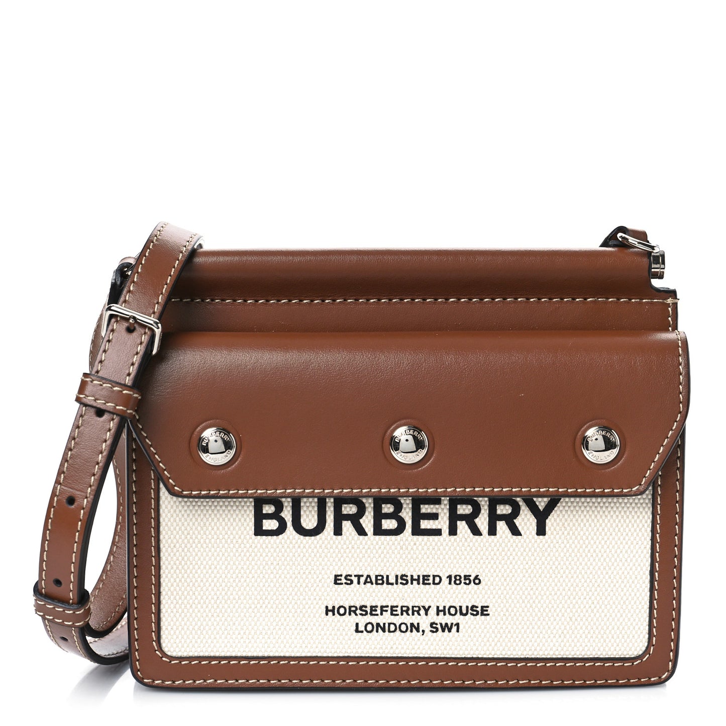 Smooth Calfskin Canvas Horseferry Print Mini Title Bag with Pocket Natural Malt Brown