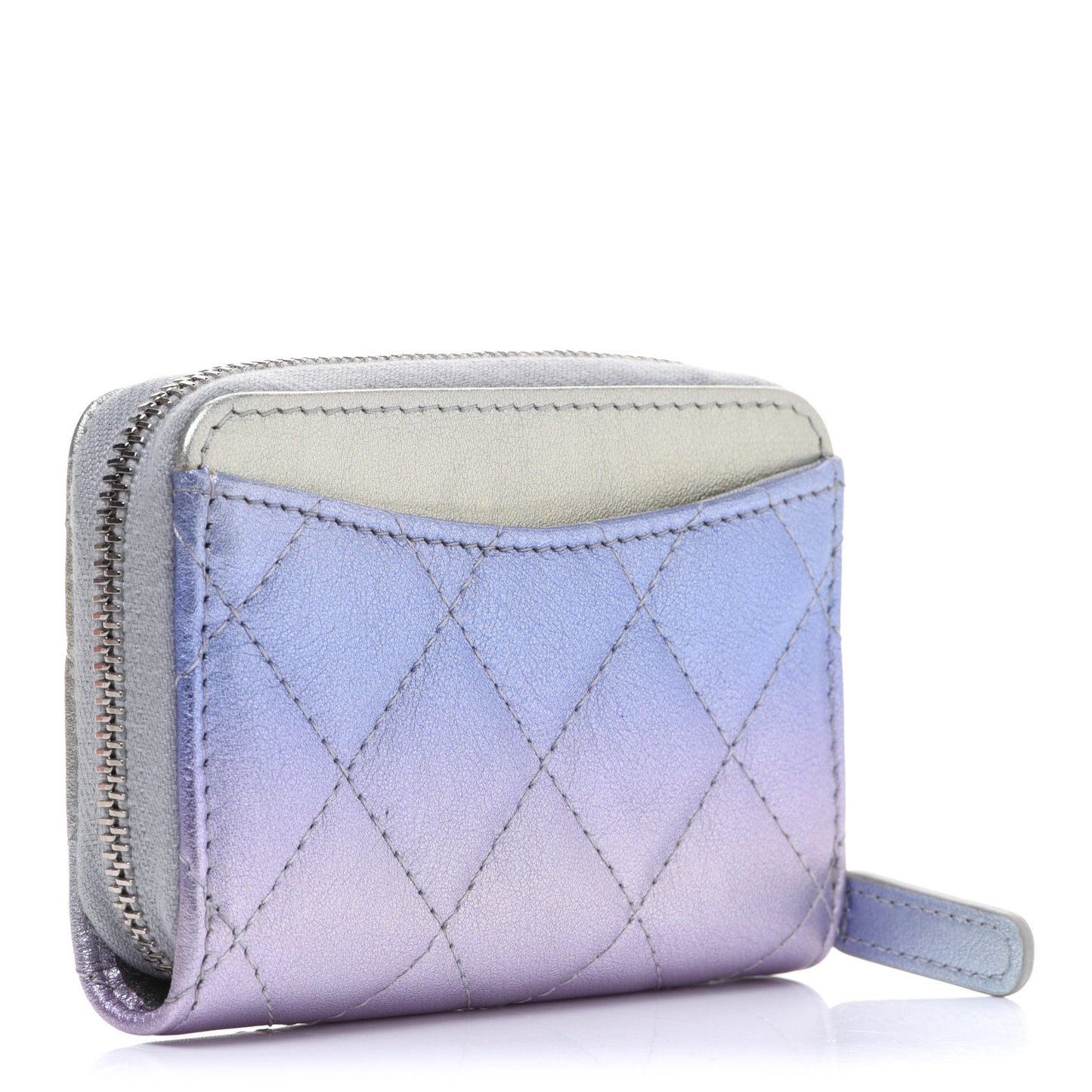 Gradient Metallic Calfskin Quilted Zip Around Coin Purse Wallet Silver Blue Yellow Purple