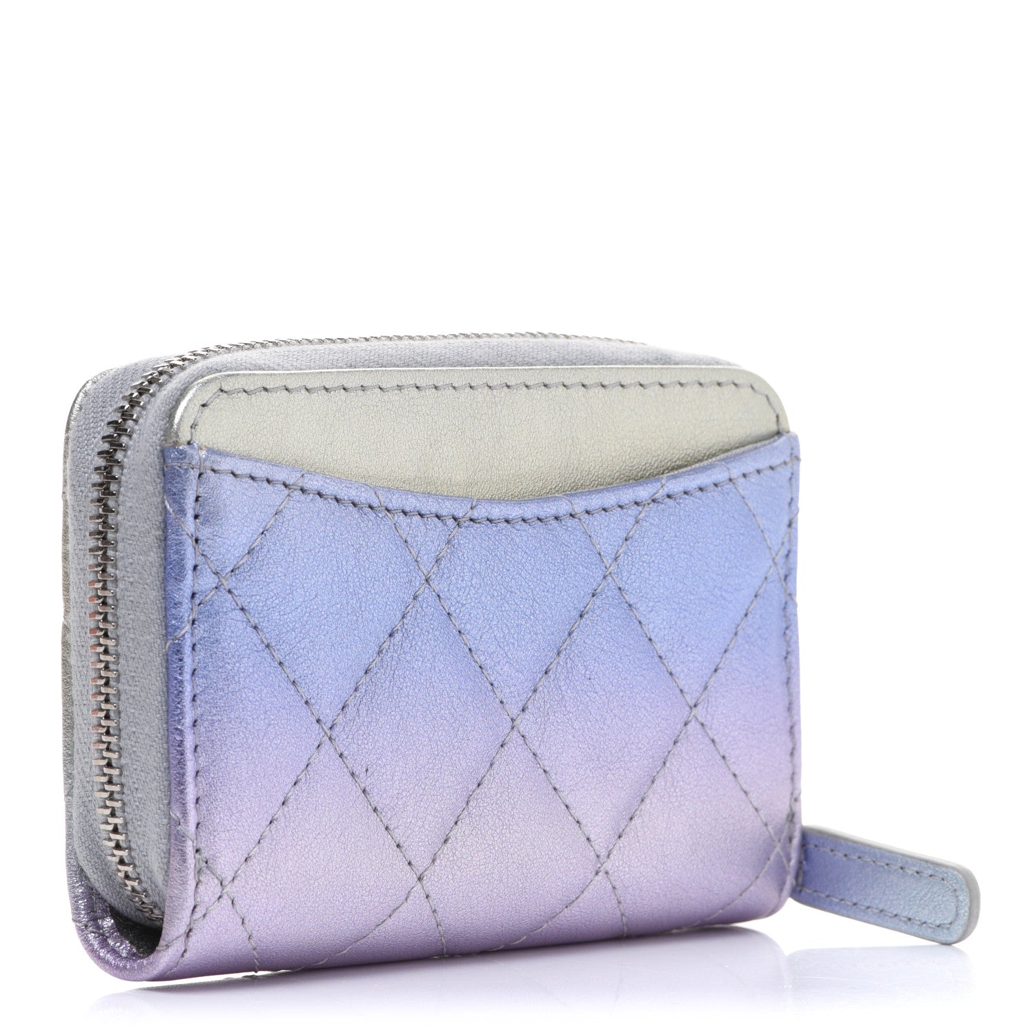Chanel Gradient Metallic Calfskin Quilted Zip Around Coin Purse Wallet Silver Blue Yellow Purple 3 of 8