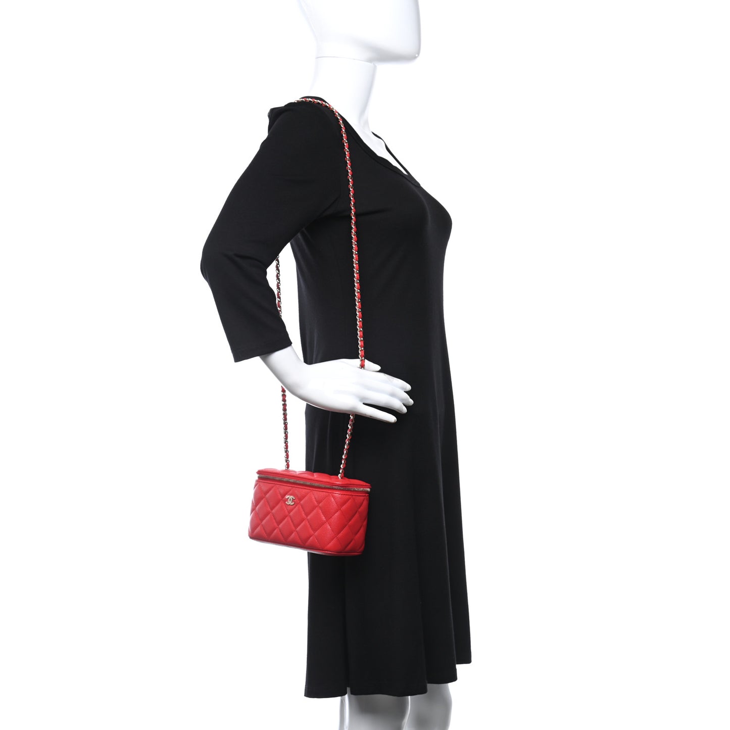 Caviar Quilted Small Vanity Case With Chain Red