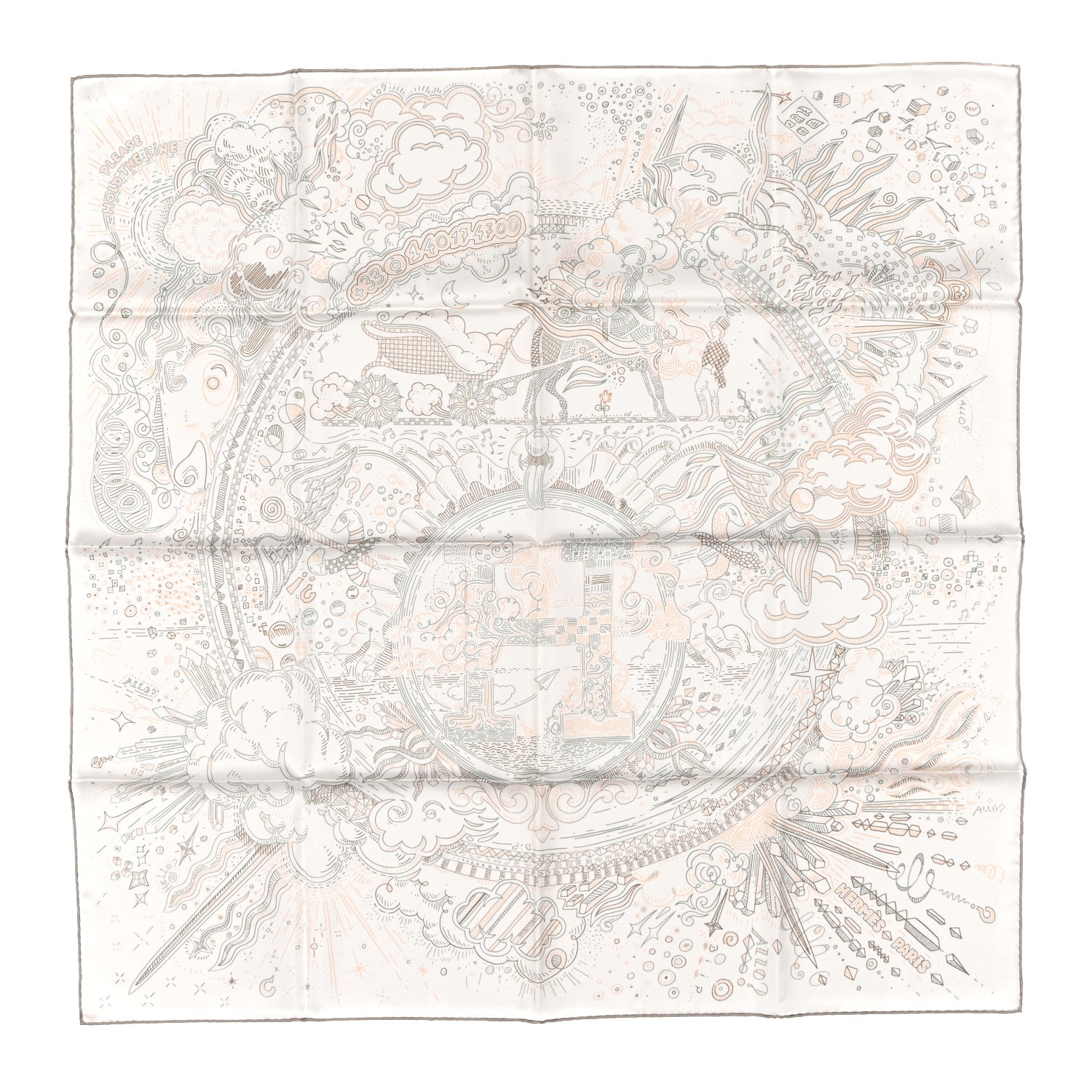 Hermes Silk Please Hold The Line Scarf 90 White Rose Nacre Vert de Gris 1 of 3