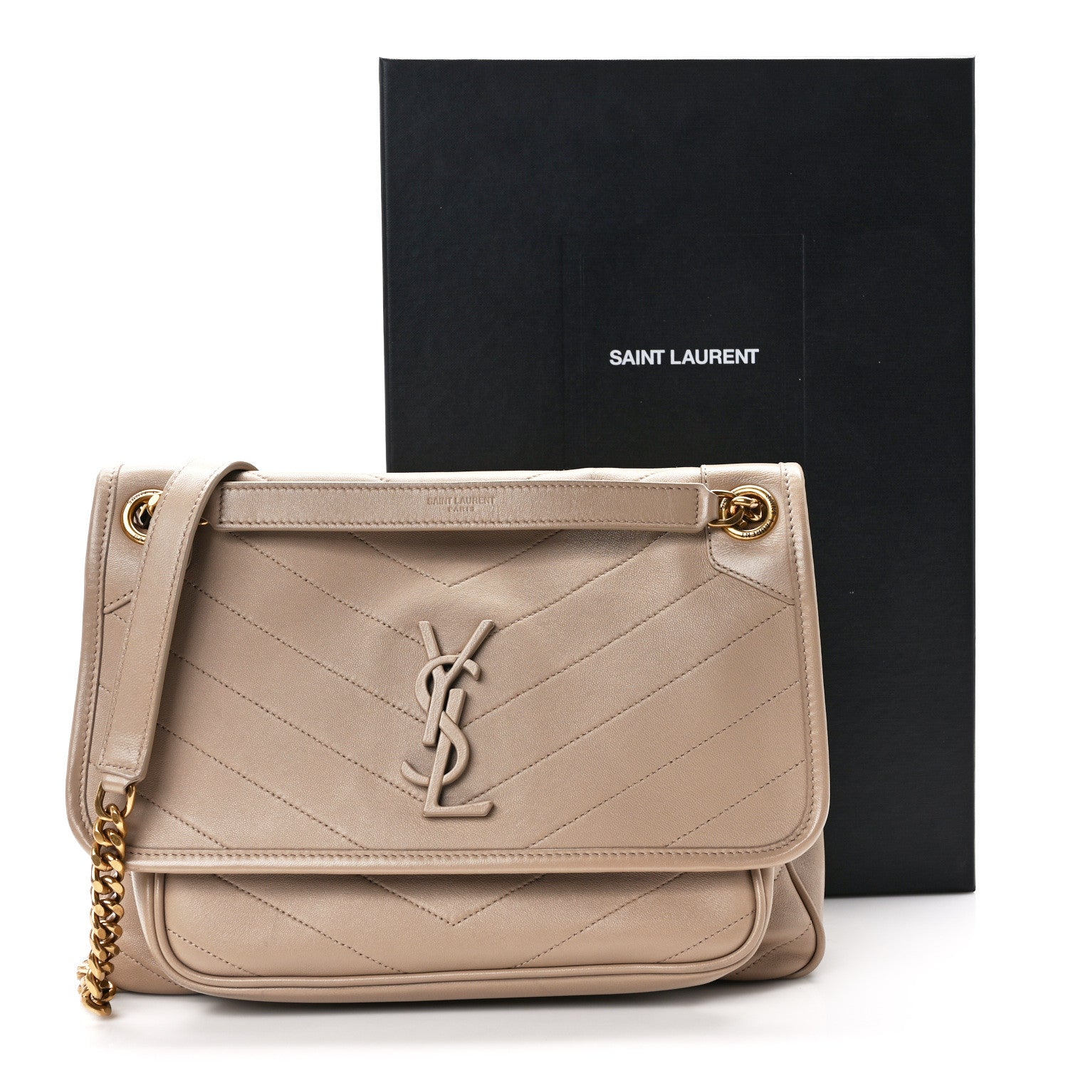Saint Laurent Lambskin Matelasse Monogram Medium Niki Chain Satchel Dark Beige 16 of 16