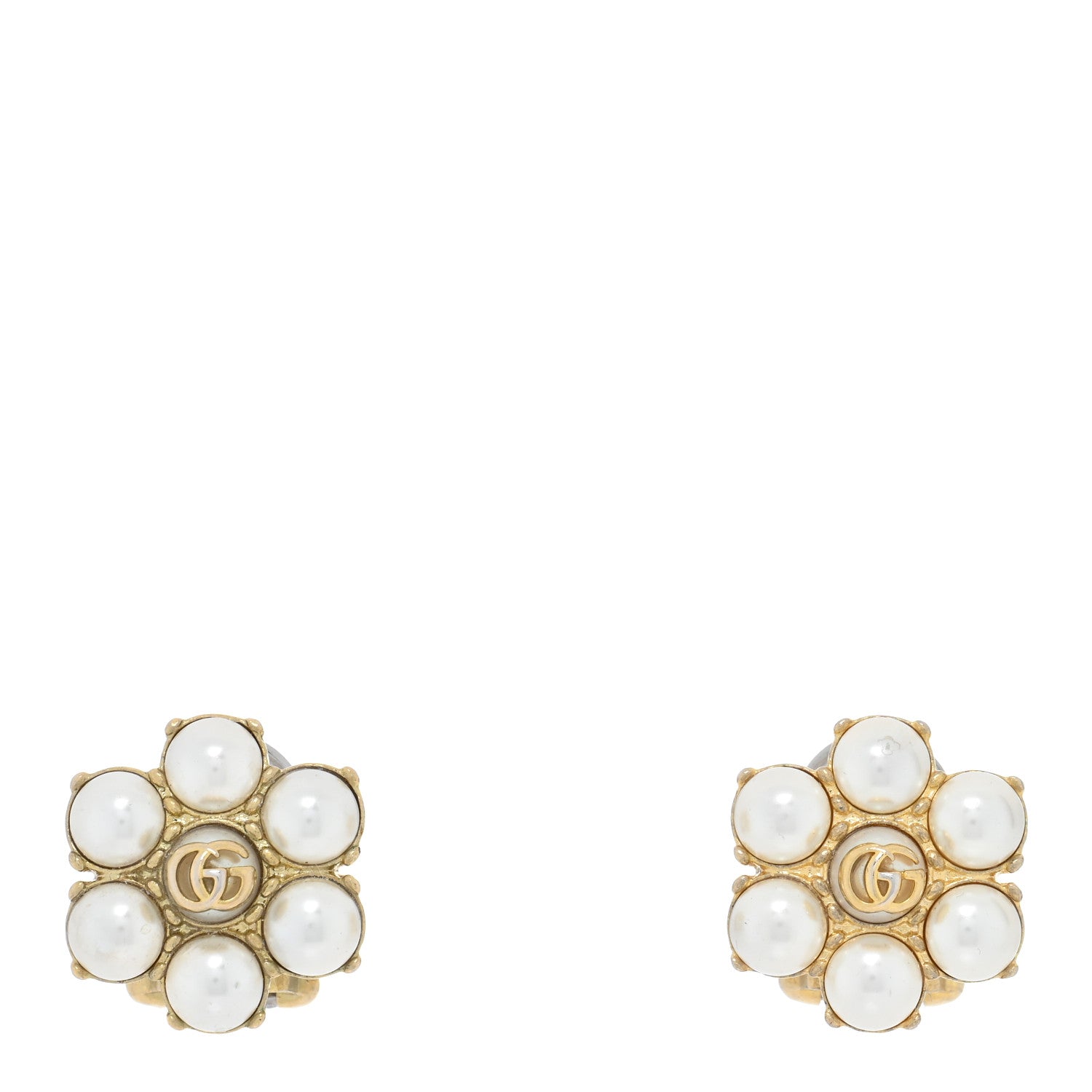 Gucci Metal Pearl Double G Clip On Earrings Aged Gold 1 of 5