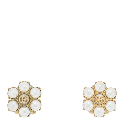 Gucci Metal Pearl Double G Clip On Earrings Aged Gold 1 of 5