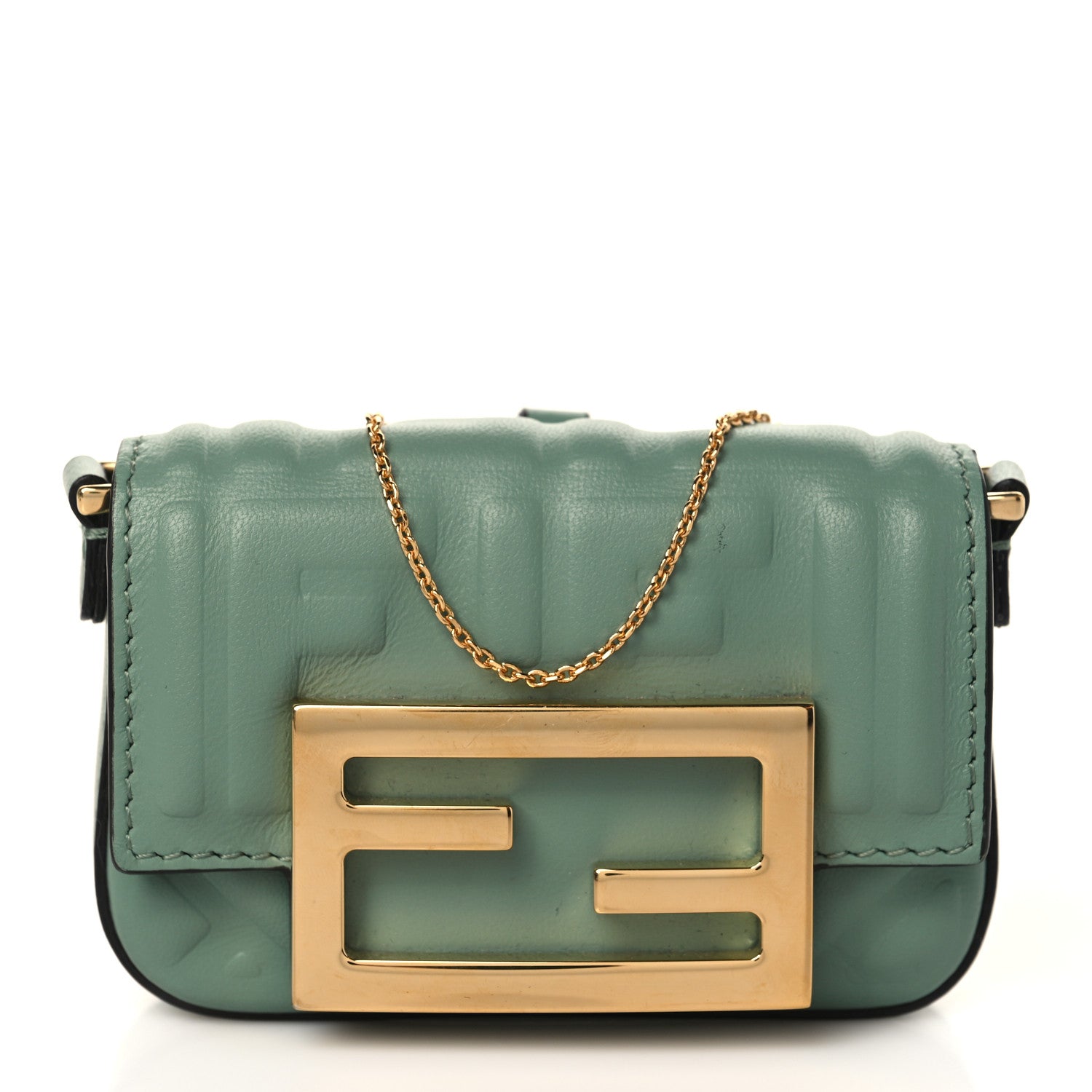 Fendi Nappa Matisse FF Embossed Nano Maxi Buckle Baguette Charm Menta 1 of 7