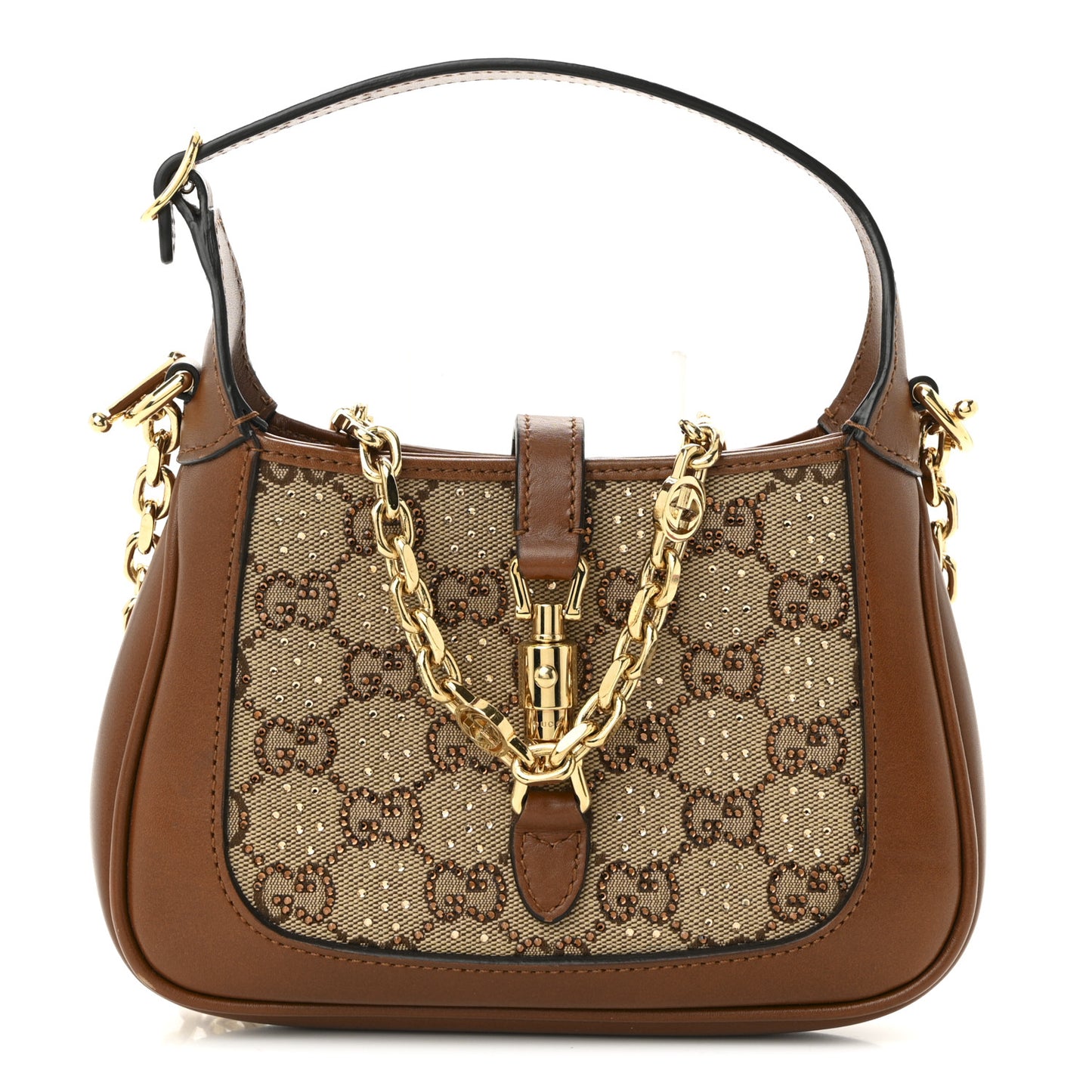 New Canvas Charisma Calfskin Crystal GG Monogram Mini Jackie 1961 Hobo Camel Ebony