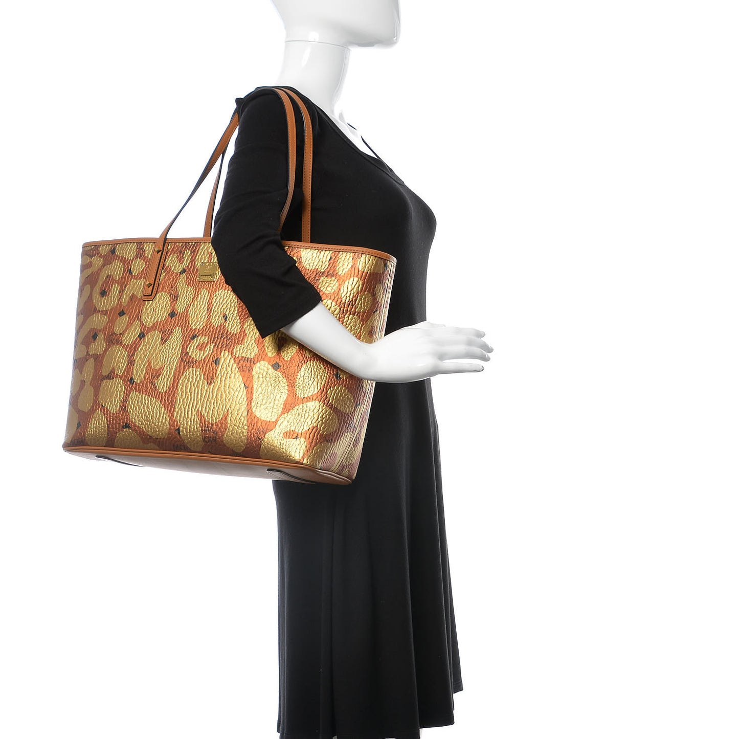 Visetos Metallic Leopard Print Medium Anya Shopper Tote Cognac