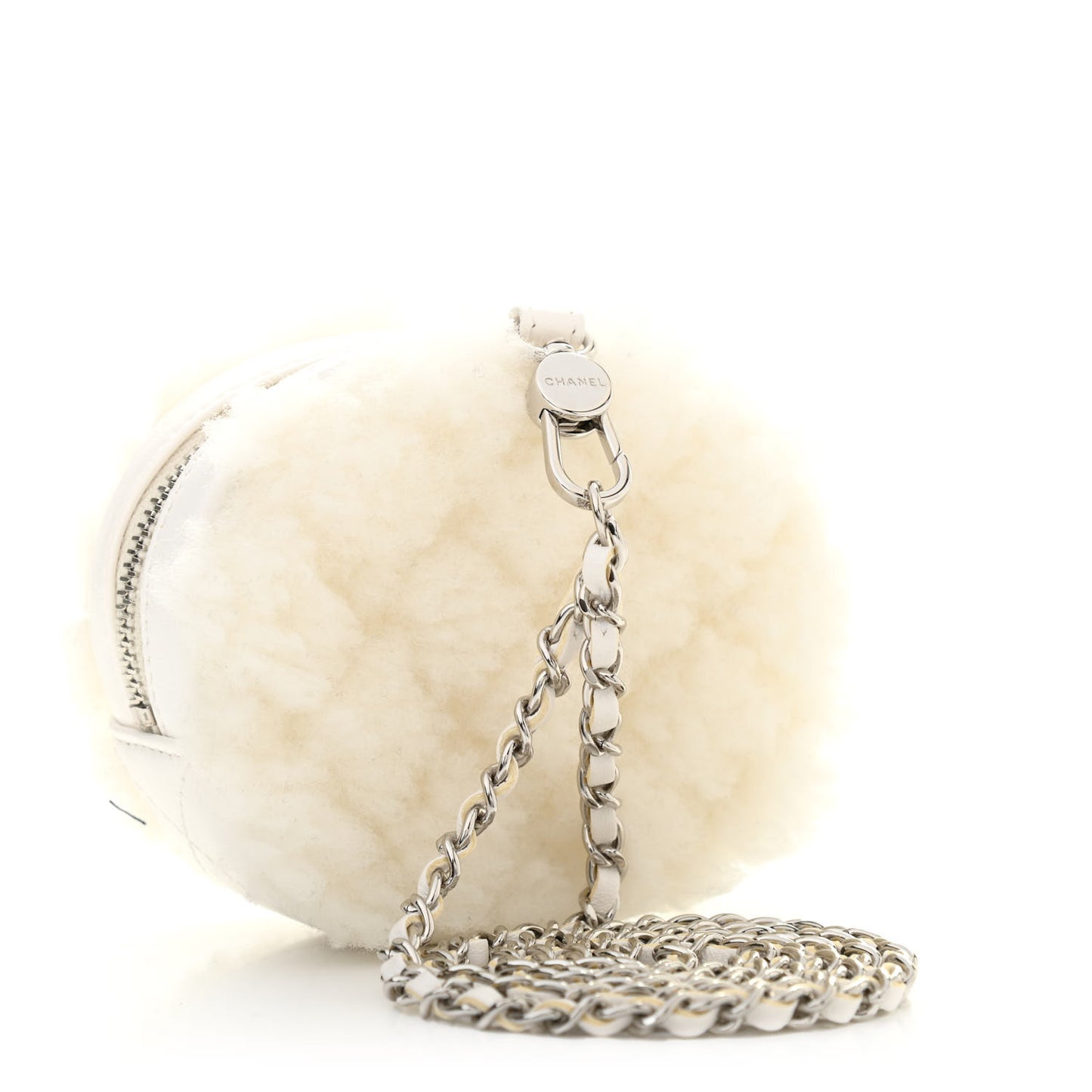 Shearling Sheepskin Lambskin Quilted Round Clutch With Chain White
