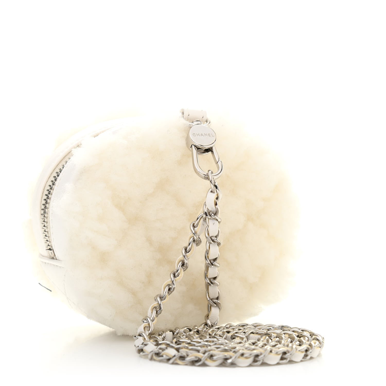 Chanel Shearling Sheepskin Lambskin Quilted Round Clutch With Chain White 3 of 7
