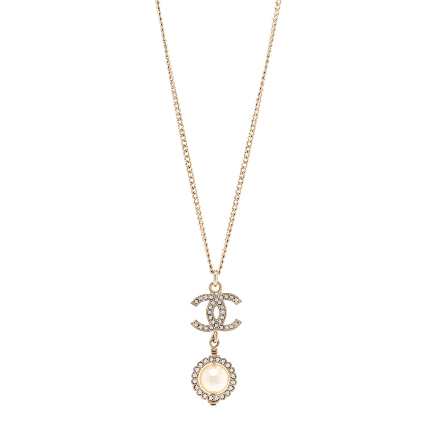 Chanel Pearl Crystal CC Pendant Necklace Gold 1 of 6