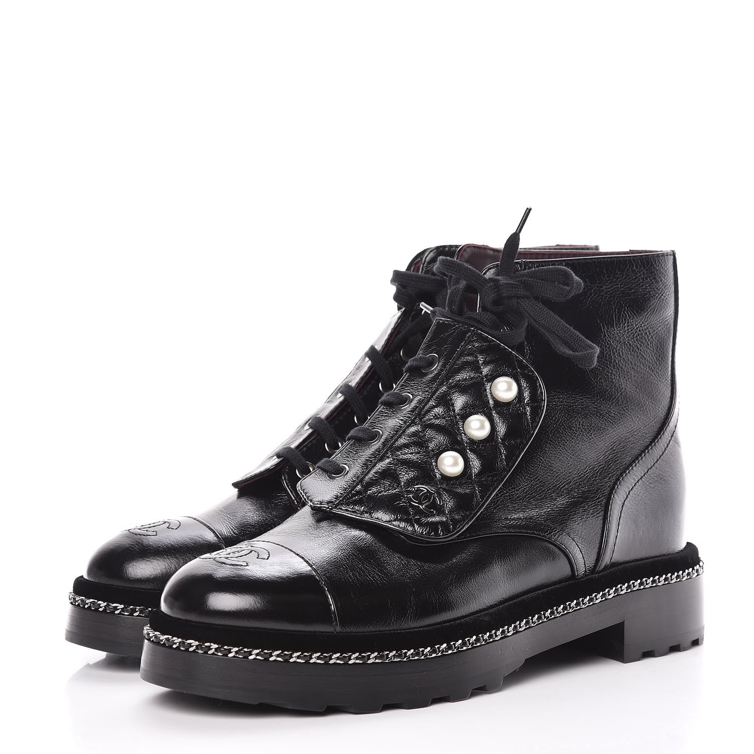 Chanel Crackled Calfskin Velvet Pearl Combat Short Boots 40 Black 3 of 8