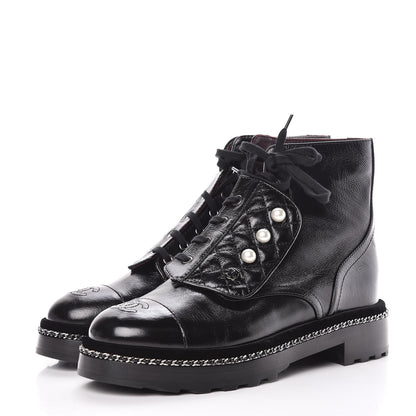 Chanel Crackled Calfskin Velvet Pearl Combat Short Boots 40 Black 3 of 8
