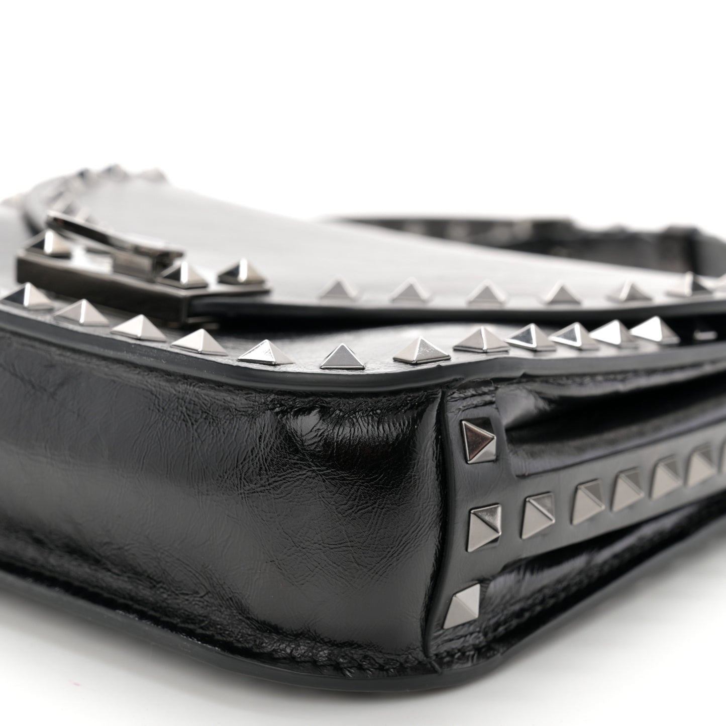 Craquele Calfskin Rockstud Shoulder Flap Messenger Bag Black