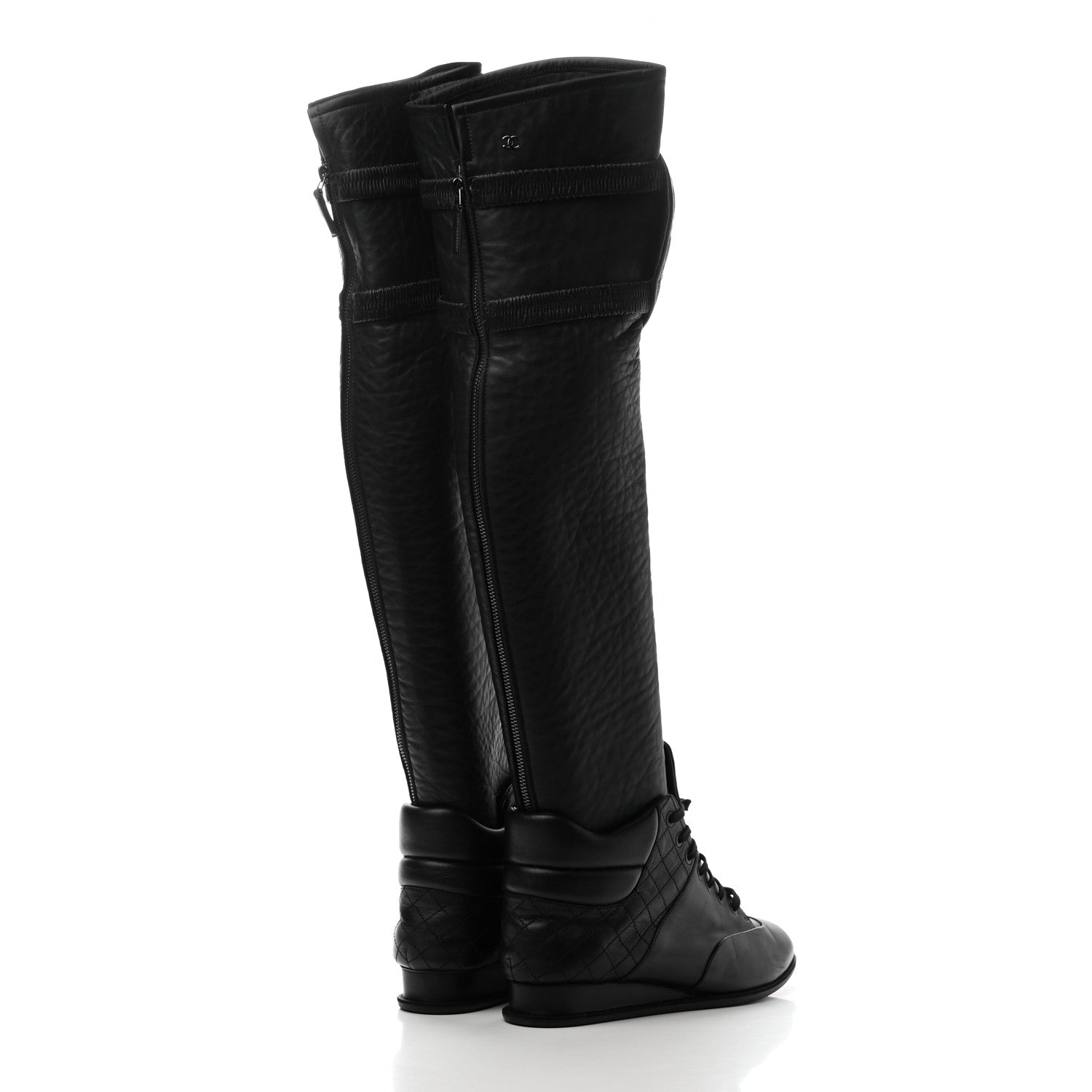 Chanel Calfskin Tumbled Lambskin Lace Up Knee High Sneaker Boots 38 Black 4 of 6