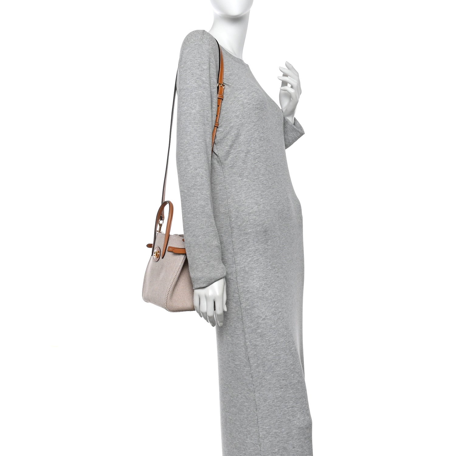 Valentino Garavani Cotton Canvas Calfskin Vlogo Small Antibes Tote Naturale Tobacco 2 of 12