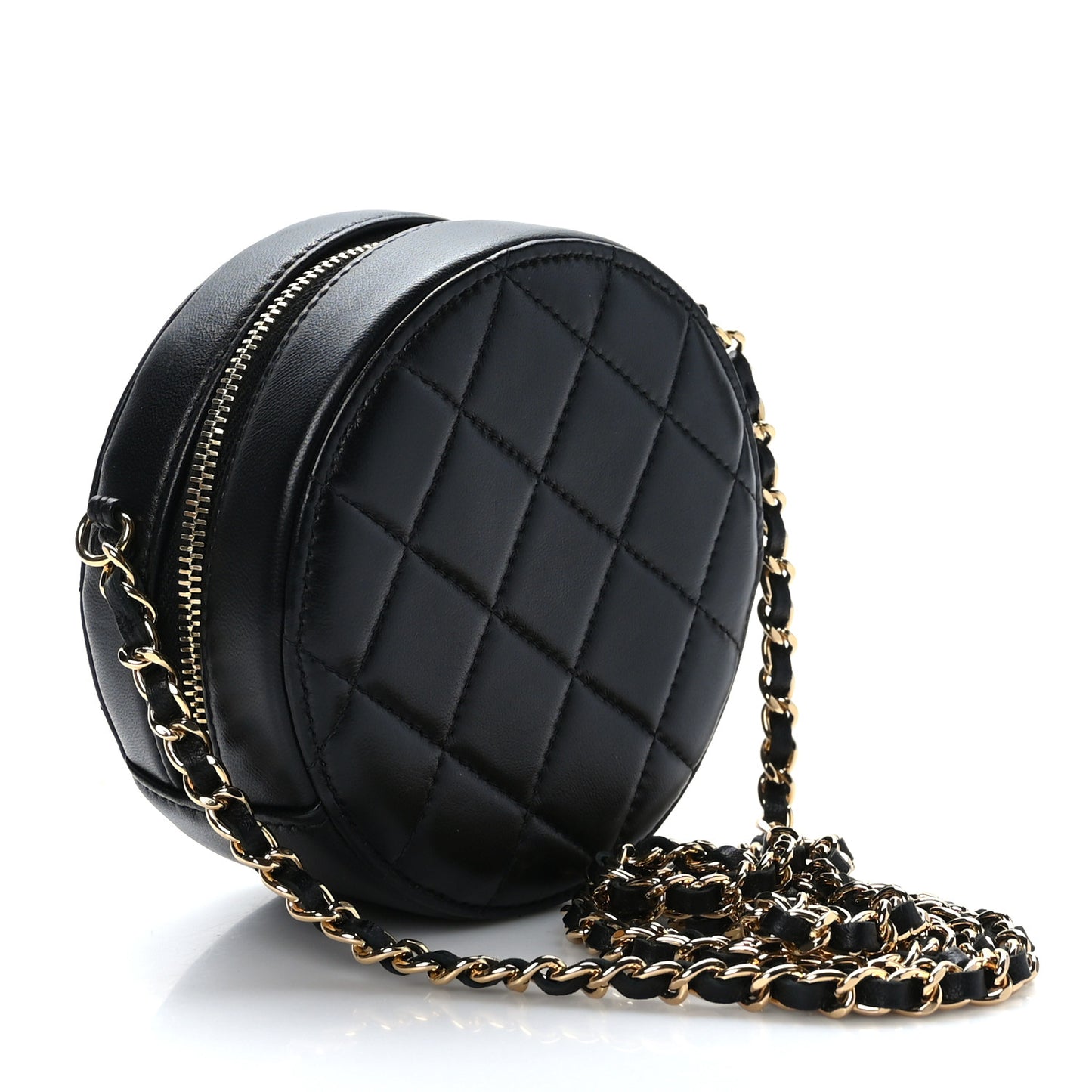 Lambskin Quilted Zirconium Round Clutch With Chain Black