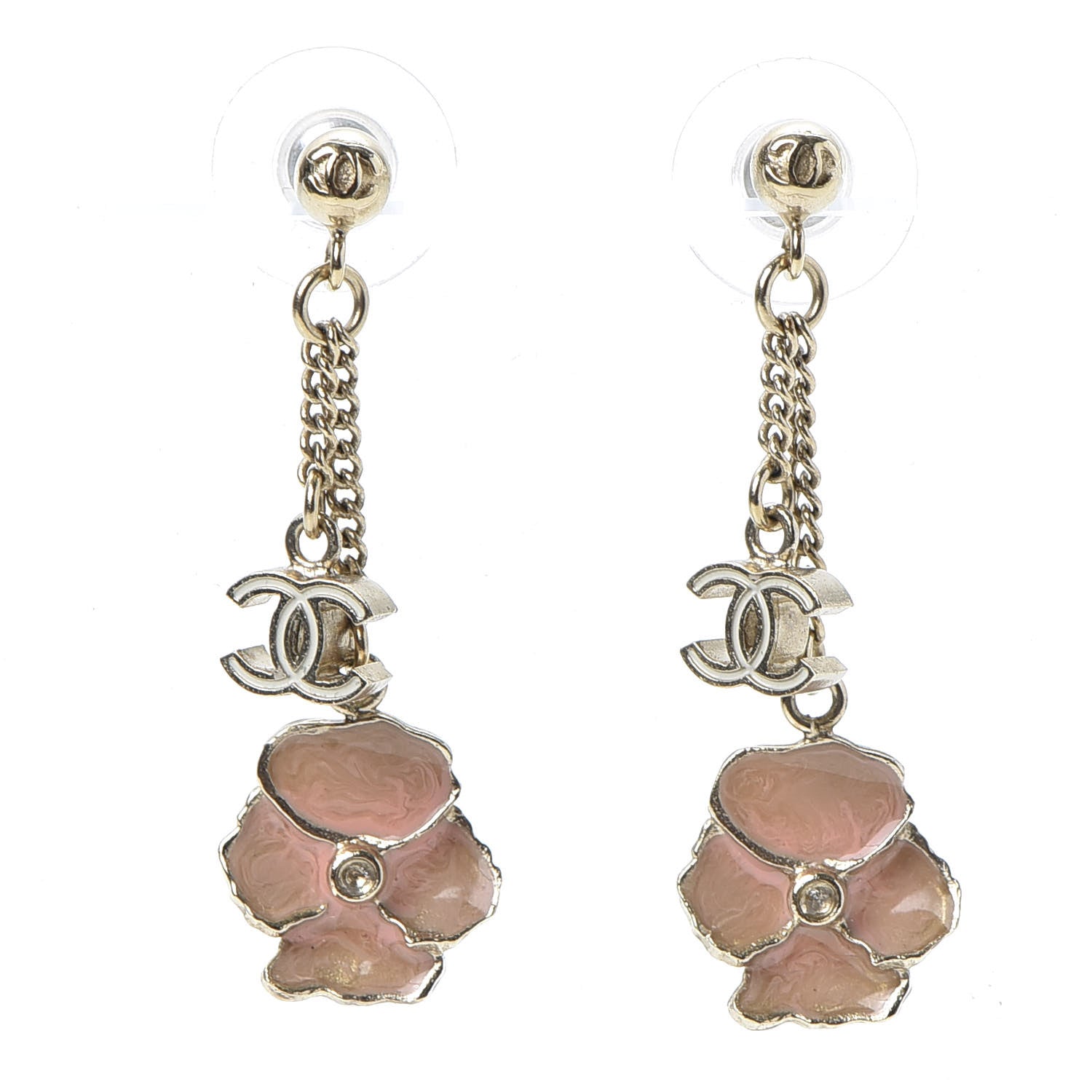 Chanel Enamel Crystal CC Camellia Drop Earrings Pink Gold 1 of 3