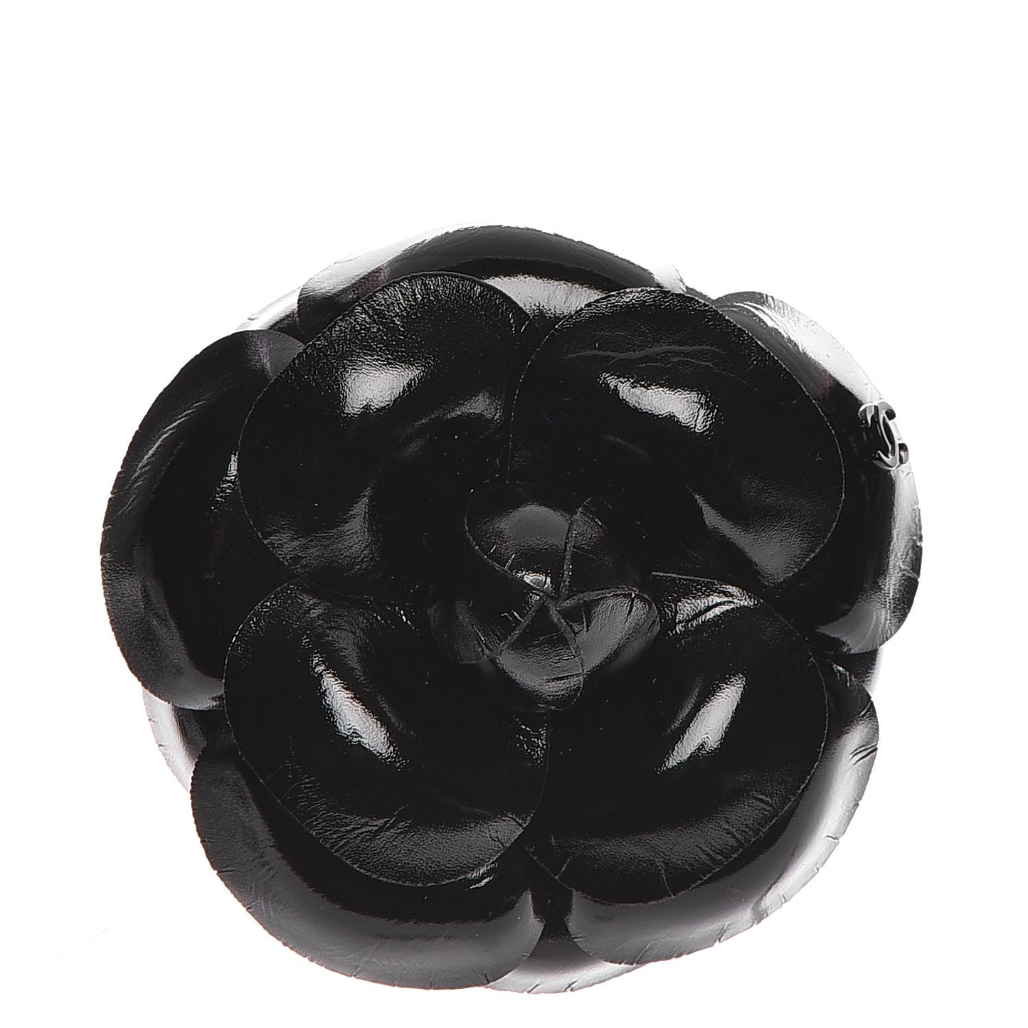 Glazed Calfskin Camellia Brooch Black