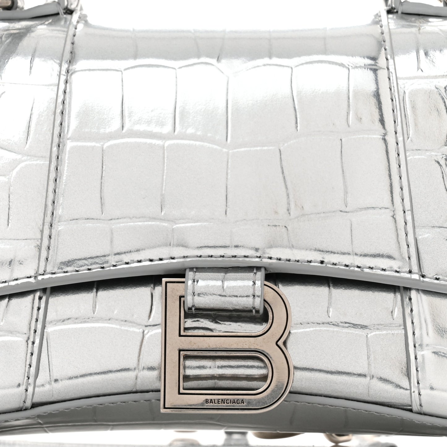 Metallic Calfskin Crocodile Embossed Hourglass Top Handle Bag XS Silver