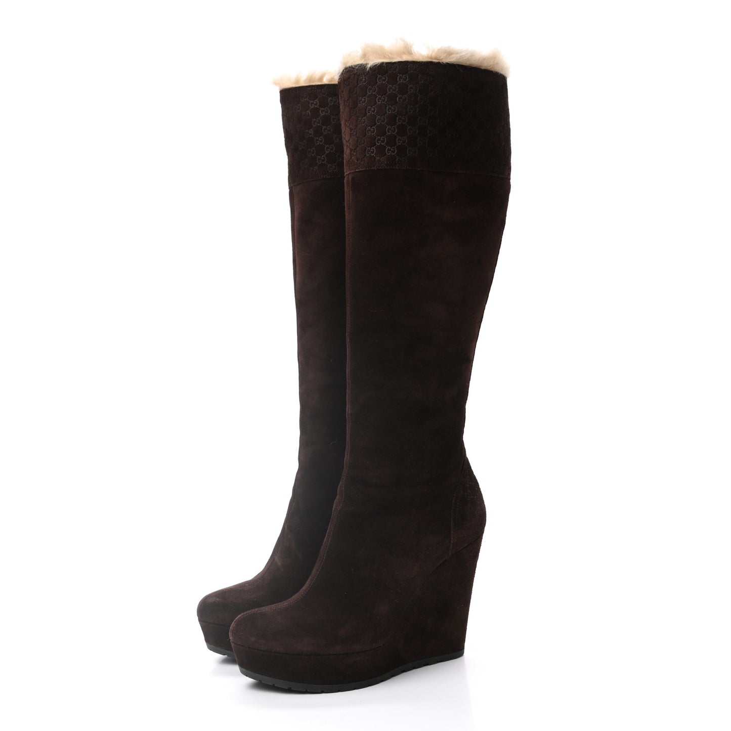 Suede Shearling Fur Microguccissima Courtney Tall Wedge Boots 36.5 Cocoa