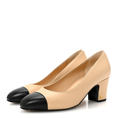 Chanel Lambskin Cap Toe CC Uniform Pumps 38 Beige Black 7 of 18