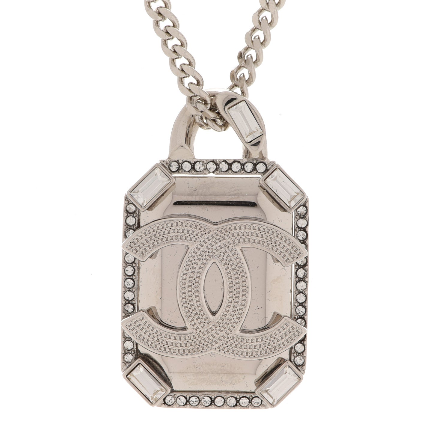 Crystal Baguette CC Mirror Pendant Necklace Silver