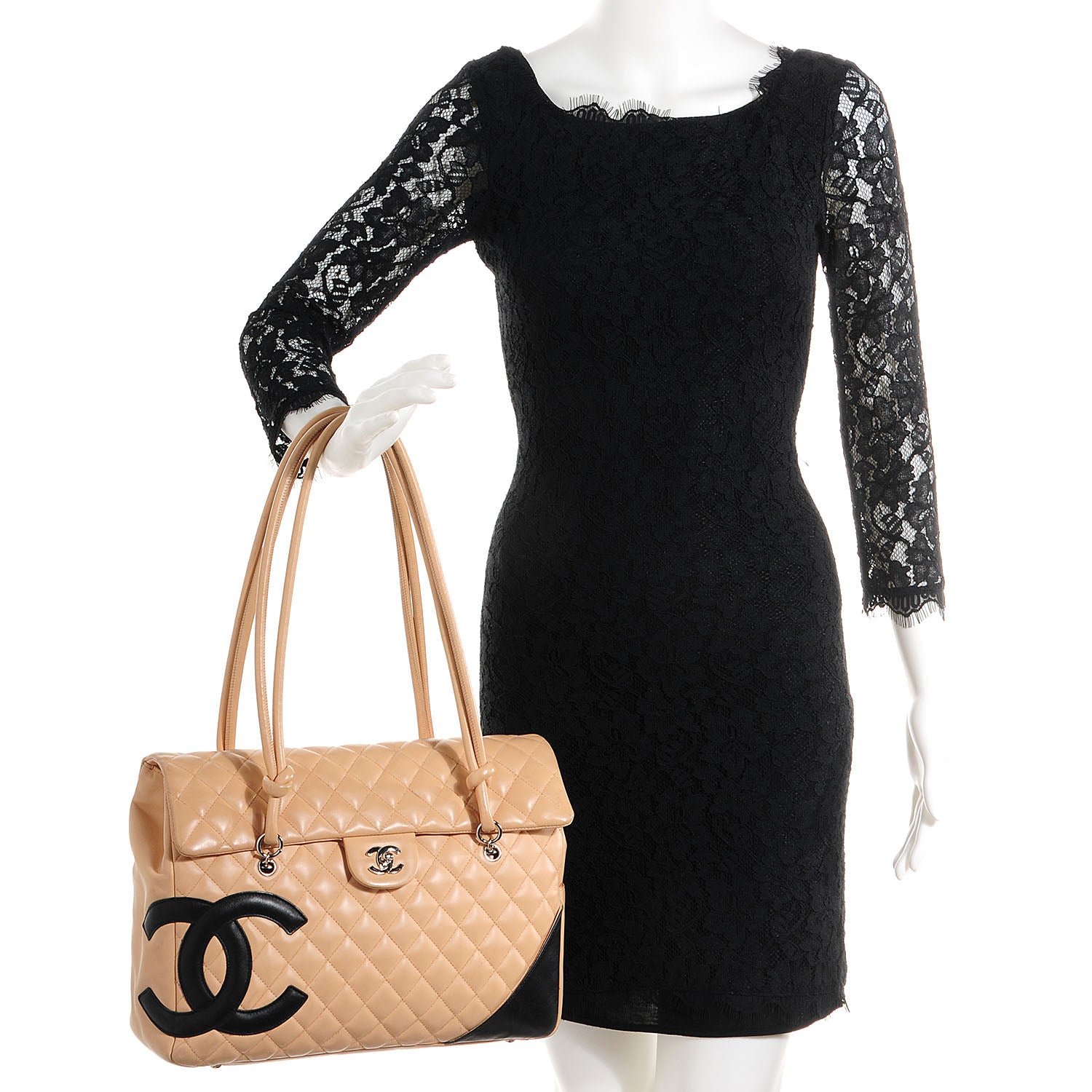 Chanel Calfskin Quilted Large Cambon Flap Beige Black 2 of 7