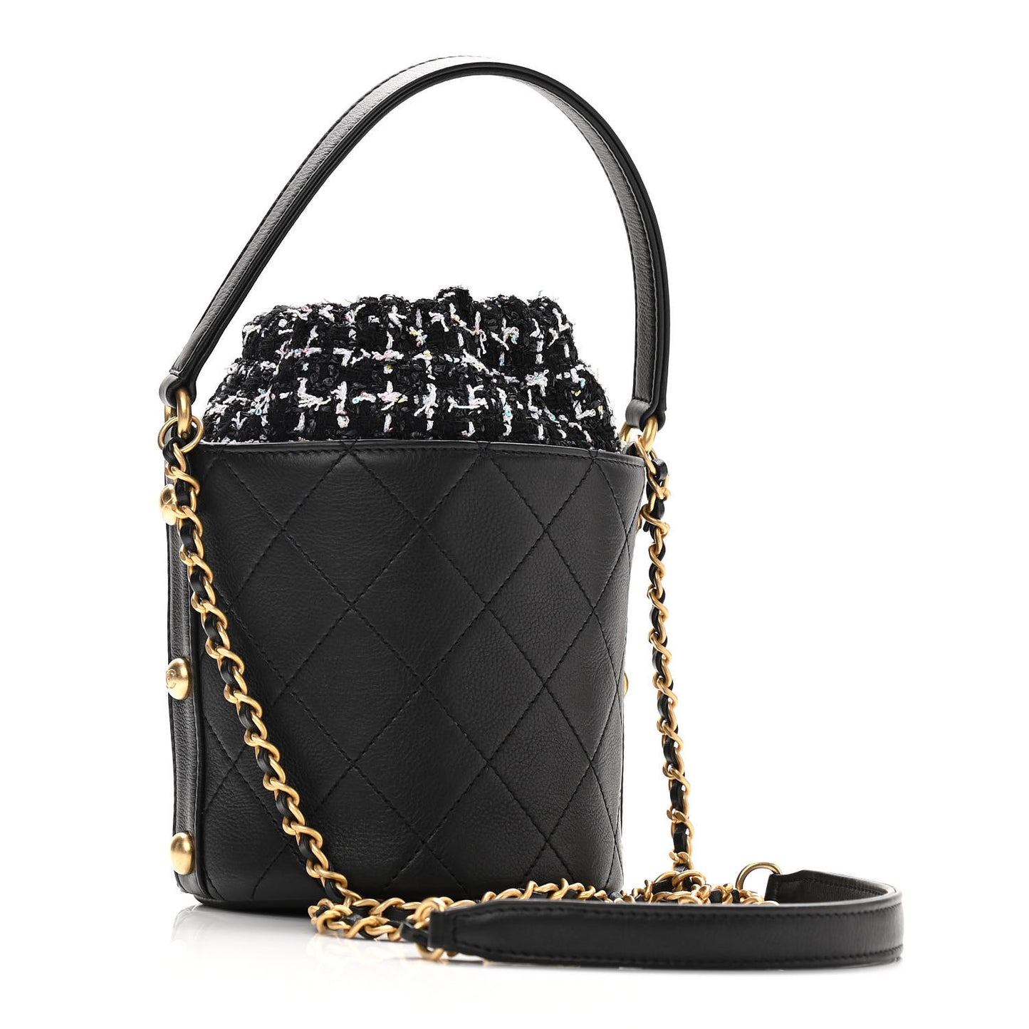 Calfskin Tweed Small CC Chain Bucket Drawstring Bag Black Multicolor