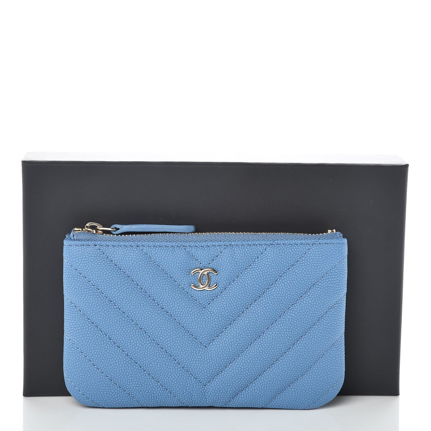 Caviar Chevron Quilted Small Cosmetic Case Blue