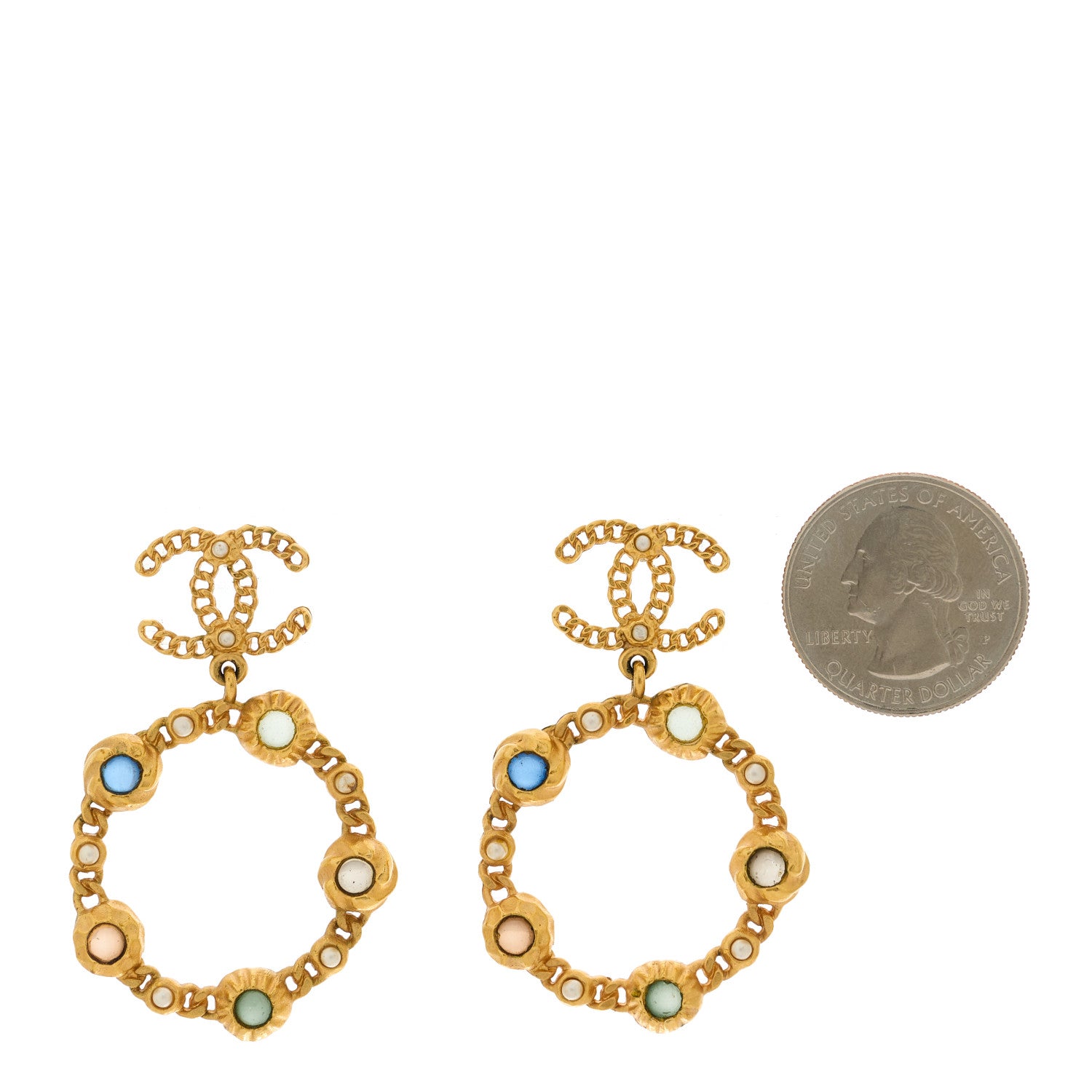 Chanel Pearl Gripoix CC Chain Drop Hoop Earrings Gold 2 of 5