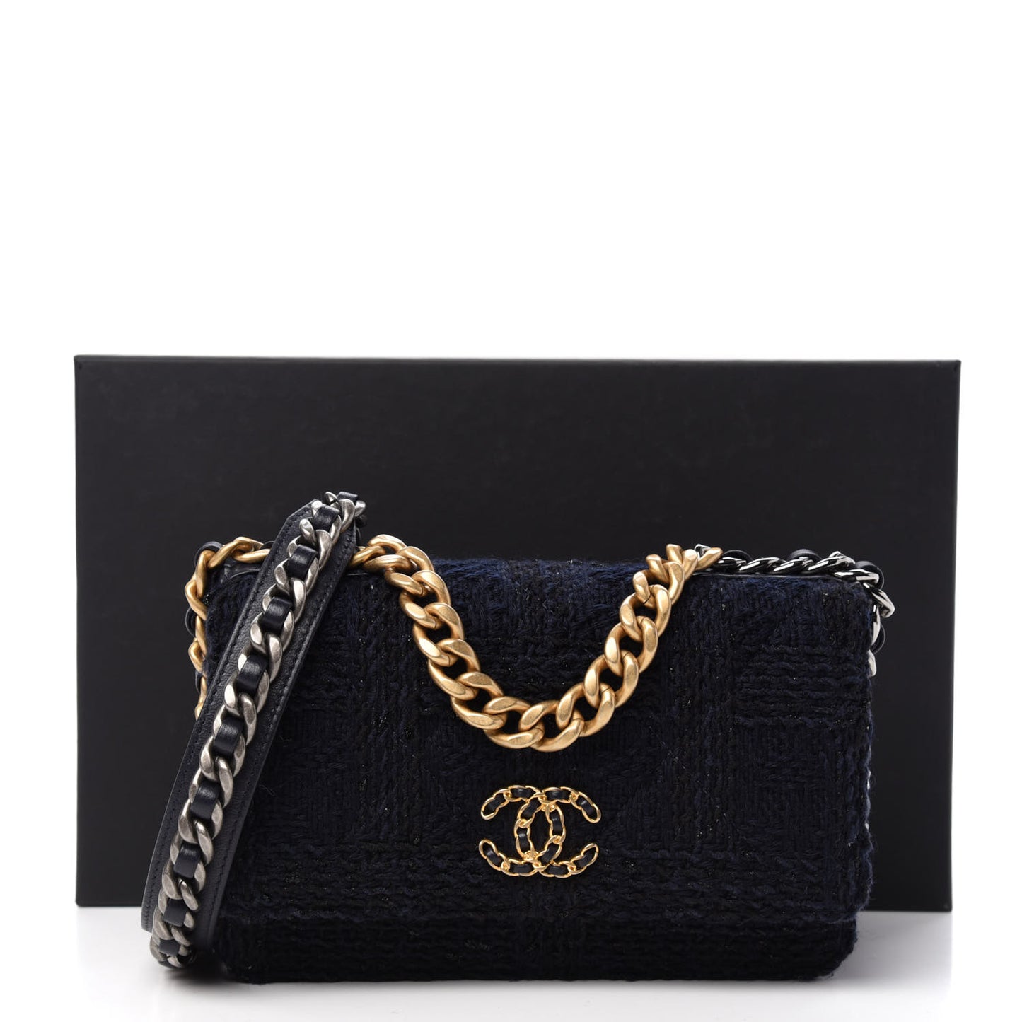 Wool Tweed Lambskin Quilted Chanel 19 Wallet On Chain WOC Blue Black