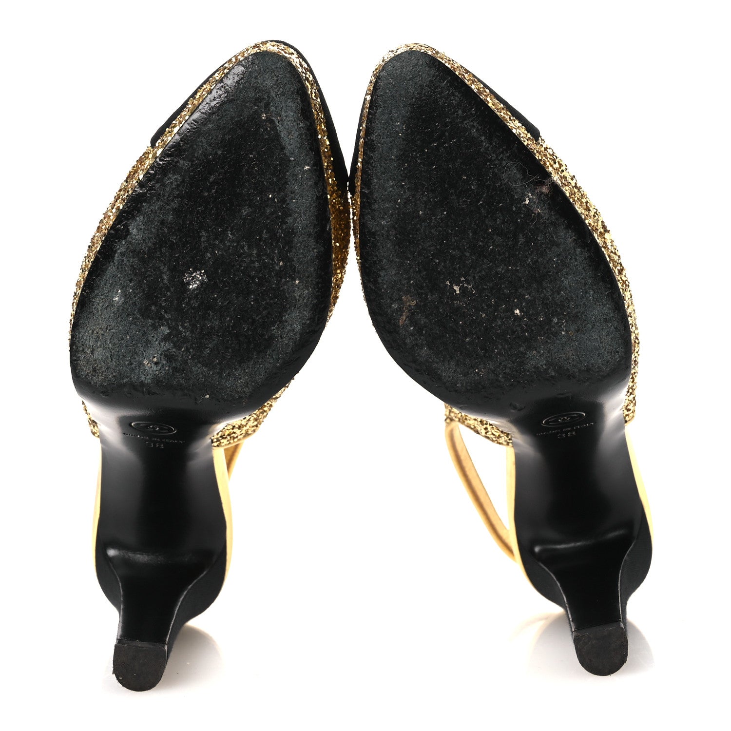 Chanel Glitter Grosgrain Cap Toe CC Slingback Pumps 38 Gold Black 7 of 13