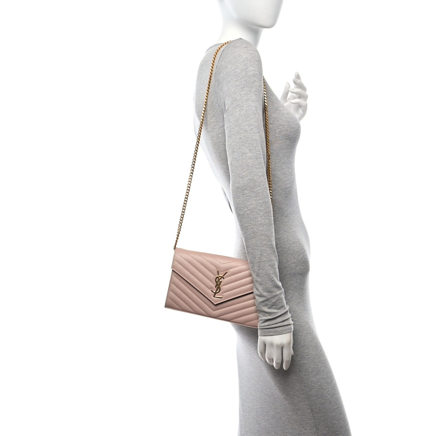 Saint Laurent Grain De Poudre Matelasse Chevron Monogram Chain Wallet Pale Pink 2 of 11