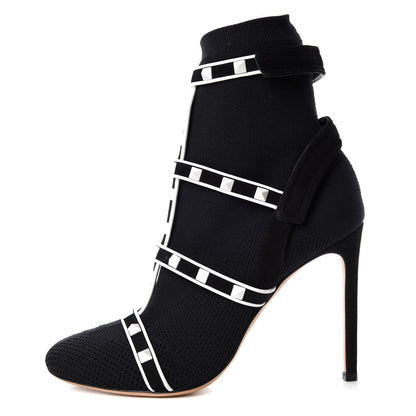 Valentino Garavani Knit Suede Free Rockstud Bodytech 105mm Ankle Boots 38 Black Optic White 1 of 7