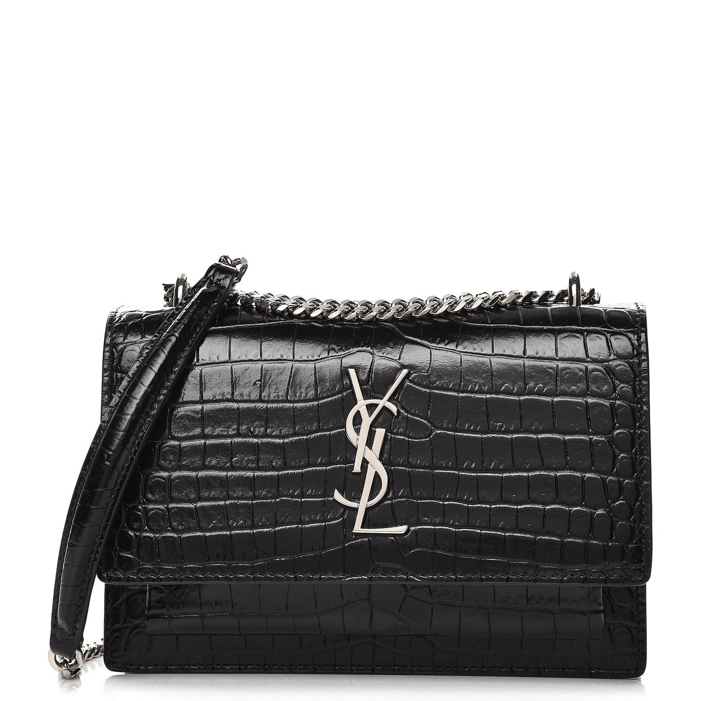 Calfskin Crocodile Embossed Monogram Sunset Chain Wallet Black
