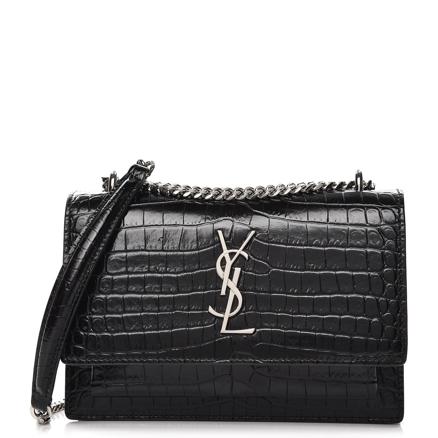 Saint Laurent Calfskin Crocodile Embossed Monogram Sunset Chain Wallet Black 1 of 6