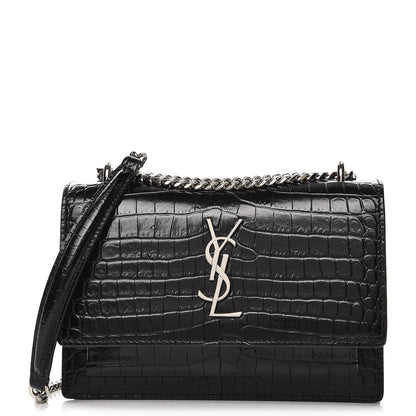 Saint Laurent Calfskin Crocodile Embossed Monogram Sunset Chain Wallet Black 1 of 6