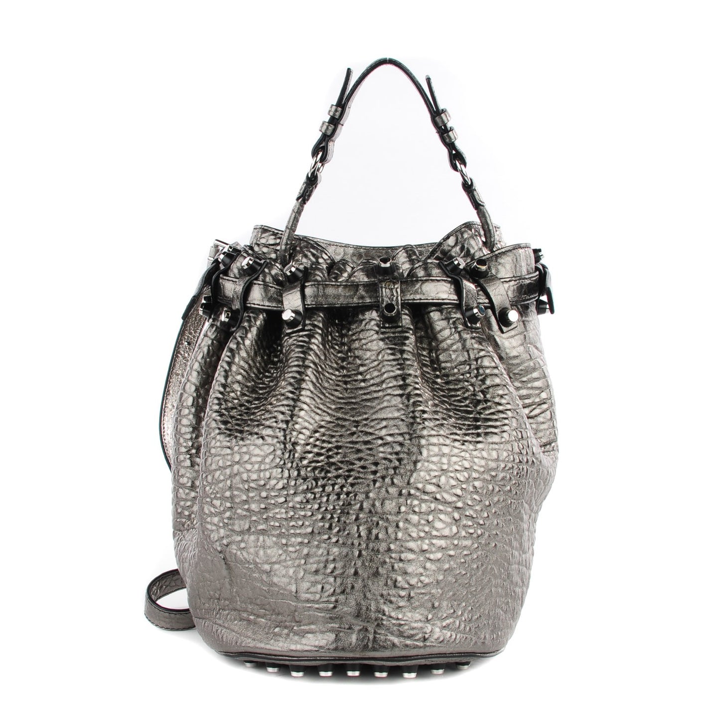 Metallic Pebbled Lambskin Diego Bucket Bag Carbon Gunmetal Hardware
