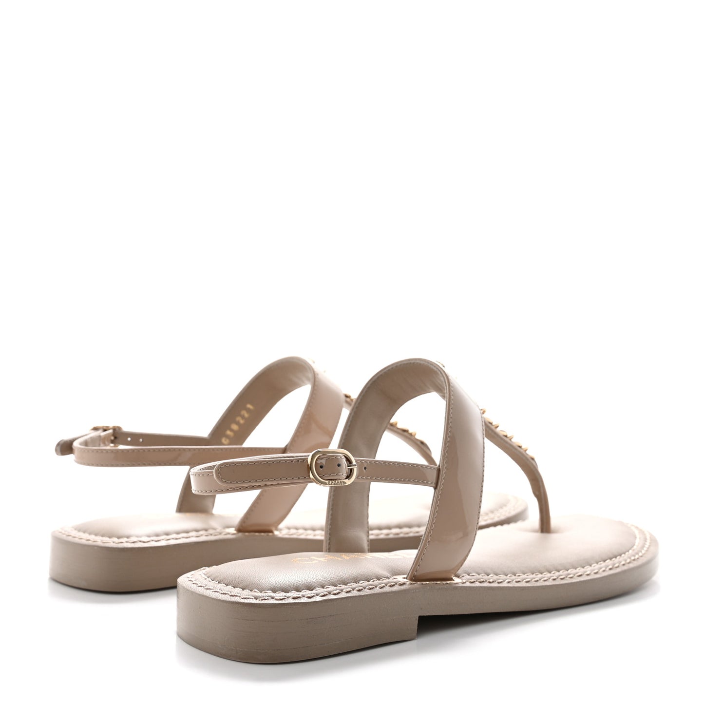 Lambskin Patent Chain CC Logo Thong Sandals 39 Beige