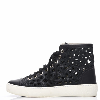 Chanel Patent Grained Goatskin Hollow Out Flower Sneakers 35 Black 1 of 8