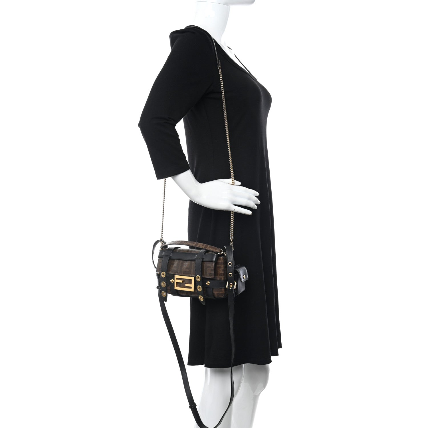 Fendi Glazed Fabric Vitello Century FF 1974 Mini Baguette Cage Mogano Panna Black 2 of 11