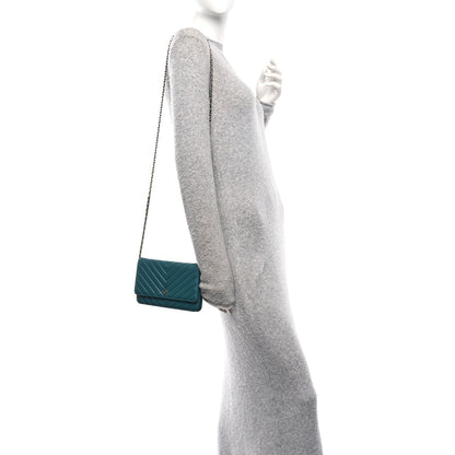 Chanel Lambskin Chevron Quilted Wallet On Chain WOC Turquoise 2 of 13