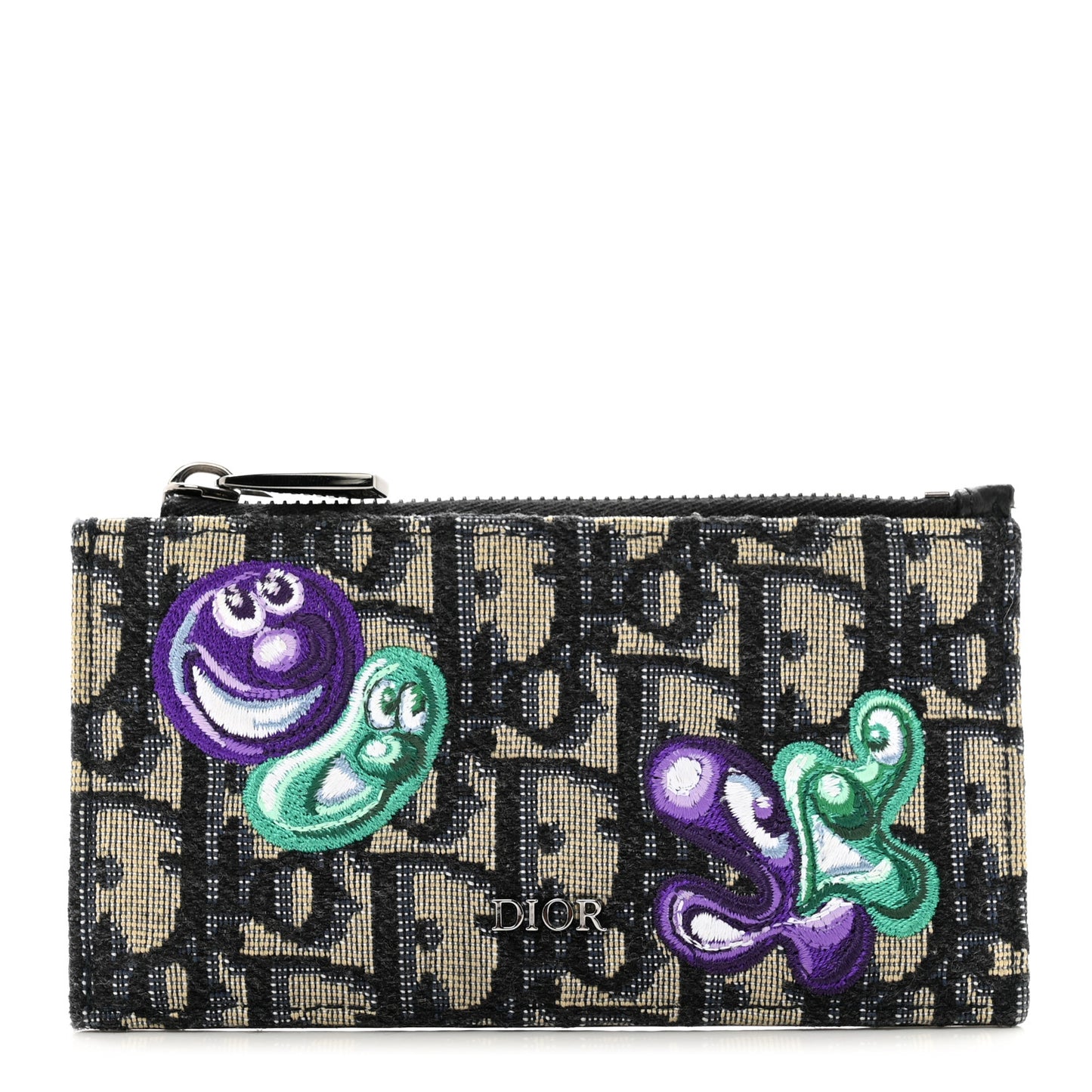 X KENNY SCHARF Oblique Canvas Embroidered Zip Card Holder Charcoal