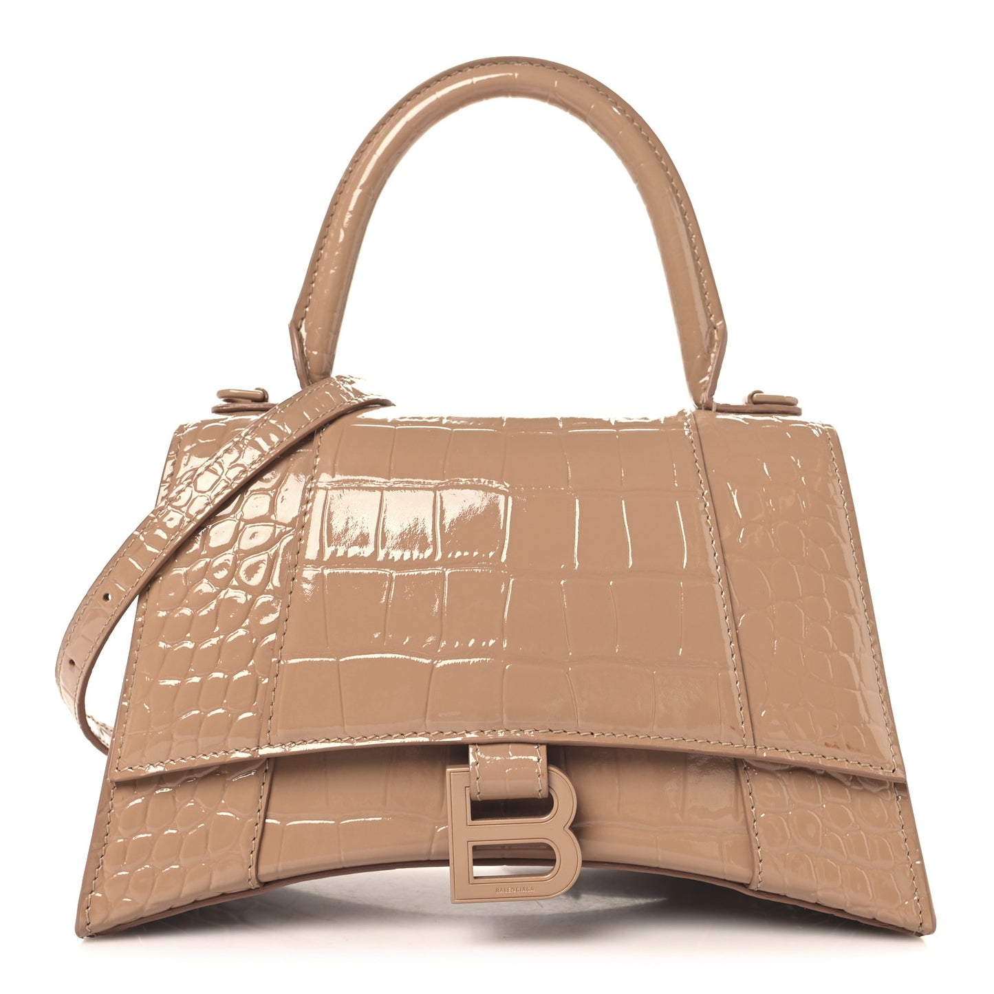 Shiny Calfskin Monochrome Crocodile Embossed Small Hourglass Top Handle Bag Nude Beige