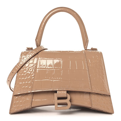 Balenciaga Shiny Calfskin Monochrome Crocodile Embossed Small Hourglass Top Handle Bag Nude Beige 1 of 9