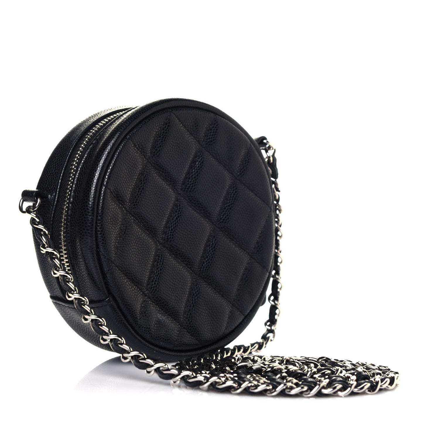 Caviar Quilted Round Clutch With Chain Black