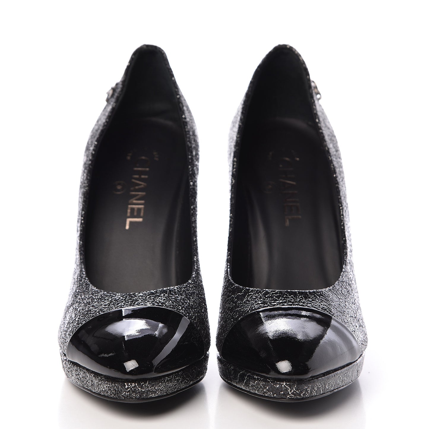 Metallic Crackled Calfskin Patent Cap Toe Pumps 40.5 Silver Black