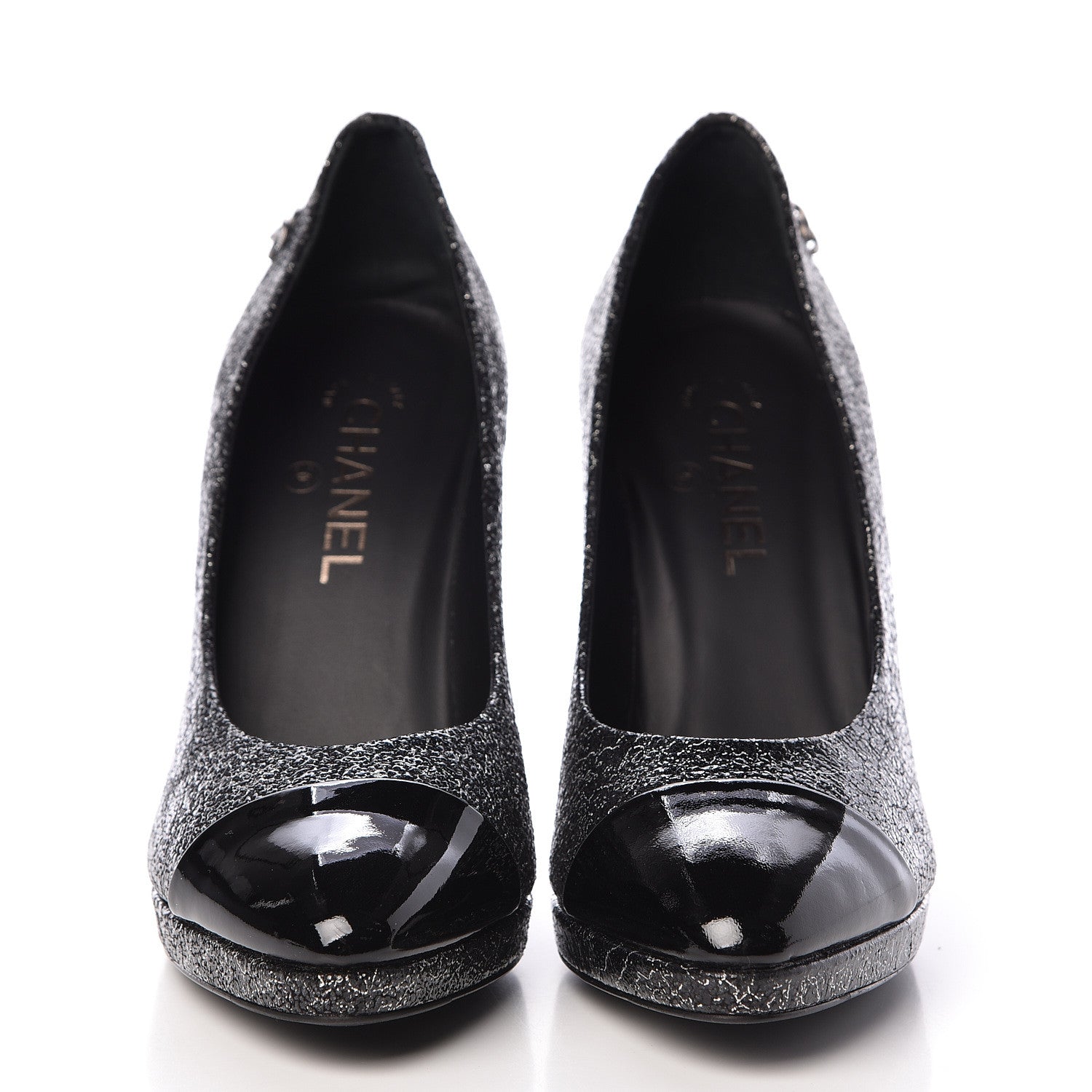 Chanel Metallic Crackled Calfskin Patent Cap Toe Pumps 40.5 Silver Black 2 of 10