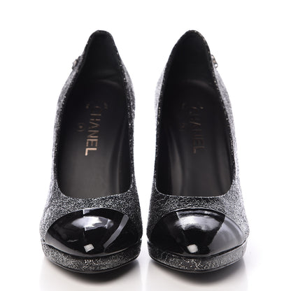Chanel Metallic Crackled Calfskin Patent Cap Toe Pumps 40.5 Silver Black 2 of 10