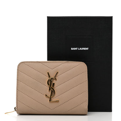 Saint Laurent Grain De Poudre Matelasse Chevron Monogram Compact Zip Around Wallet Dark Beige 8 of 8
